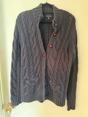 Lands’ End Navy Cable Knit Cardigan M 100% Cotton Shawl Collar Grandpa Sweater